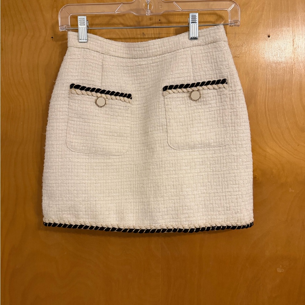 Aqua Cream Tweed Mini Skirt with Black Braided Trim